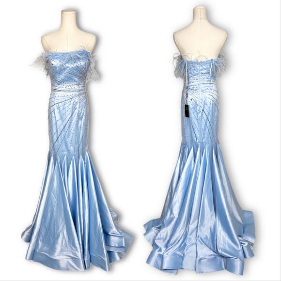 Terani Couture NWT Rare Beaded Feather Mermaid Gown Cinderella Blue Sz 4 Formal - Picture 1 of 13